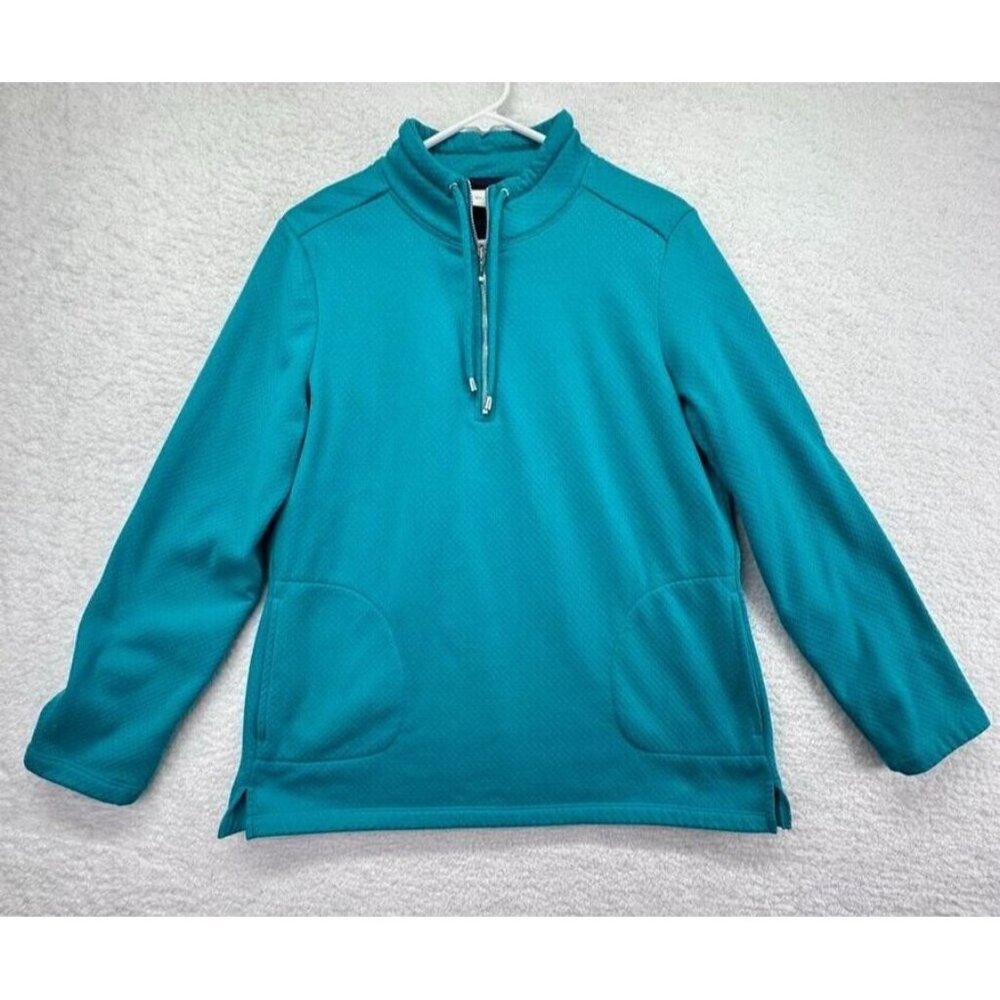 Weekends By Chicos Sweater Womens Medium 1/4‎ Zip Long Sleeve Blue Drawstring